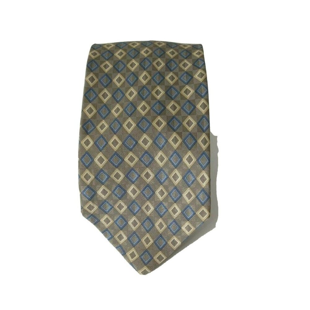 Greendog Silk Tie Men Gray Blue Tan Diamond Print 51 inch Long 3 inch Wide